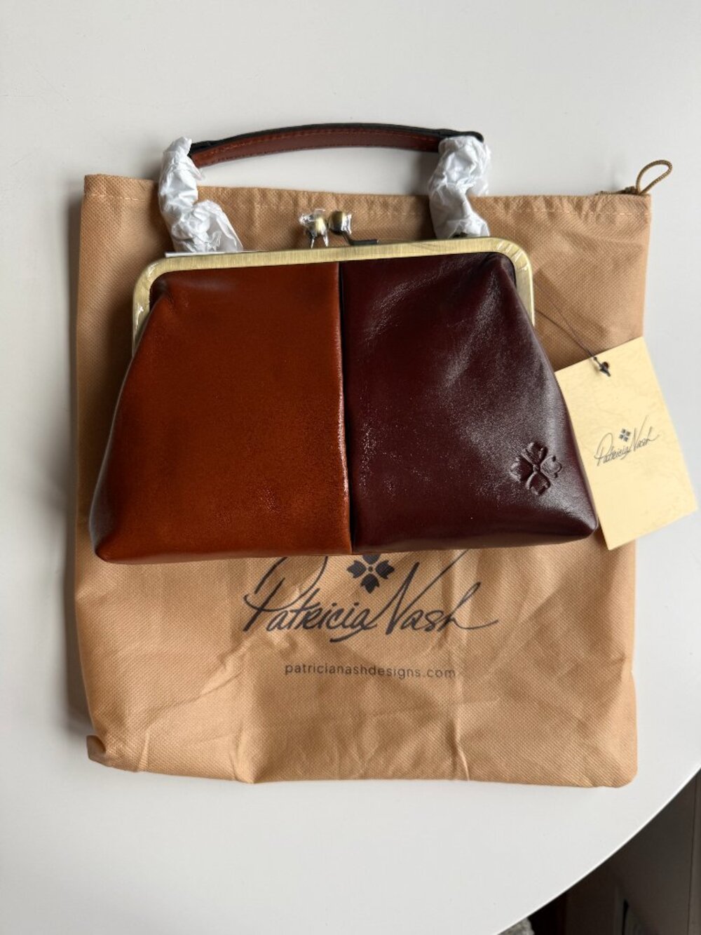Patricia Nash Colorblock Vione Leather Kisslock Frame Bag Tan/British Tan NWT